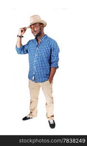 A handsome black man in a blue shirt lifting his cowboy hat and smilingisolated for white background.