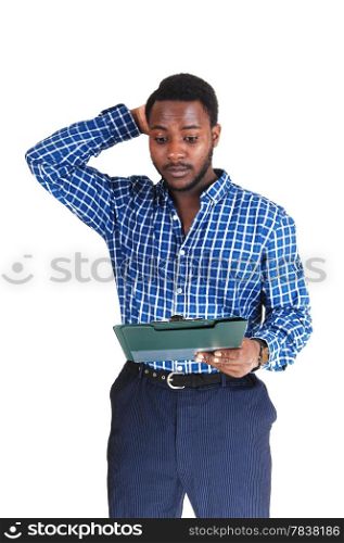 A handsome black man standing and having a problem with his papers, isolated for white background.