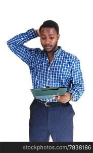 A handsome black man standing and having a problem with his papers, isolated for white background.
