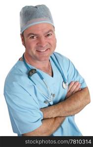 A handsome doctor in scrubs smiling. Isolated.
