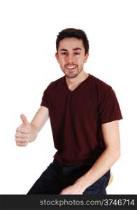 A handsome good looking man in a t-shirt, pointing his finger ahead,for white background.
