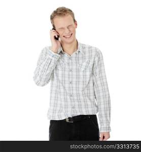 A handsome happy man using mobile phone, isolated on white