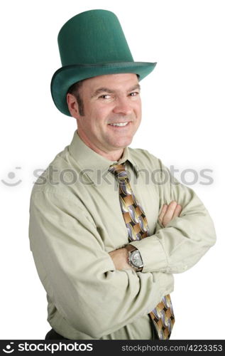 A handsome Irish American businessman dressed for St. Patrick&rsquo;s Day. Isolated on white.