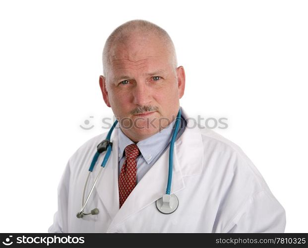 A handsome, mature doctor with a concerned expression, isolated on white.