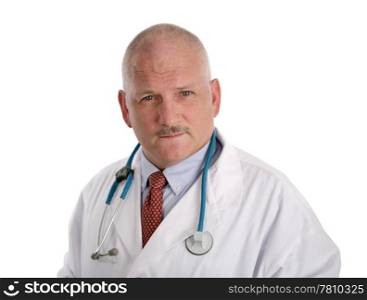 A handsome, mature doctor with a concerned expression, isolated on white.