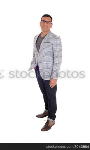 A handsome middle age Hispanic man standing isolated for whitebackground in a jacked and jeans.