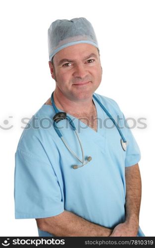 A handsome,trustworthy doctor in scrubs. Isolated.