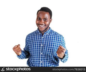 A handsome young black man in a colorful shirt and stretched out armsmaking fist&rsquo;s and smiling, isolated for white background.