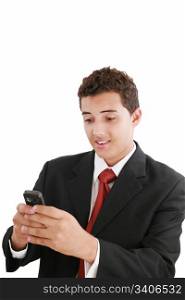 A handsome young business man texting on his phone