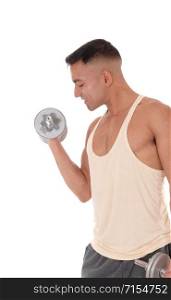 A handsome young man working out with two dumbbell with his eyes closed, wearing his truck pants, isolated for white background