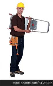 A handyman carrying a ladder.