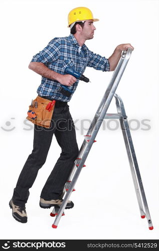 A handyman climbing a ladder.