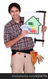 A handyman promoting energy savings.