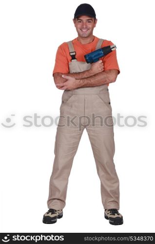 A handyman with a air blower.