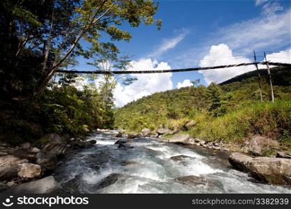 A hanging bridge over a montain stream
