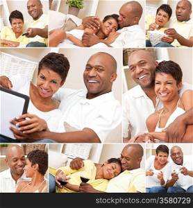 A happy African American man and woman couple in their thirties sitting at home, relaxing, drinking wine, playing video games and watching television