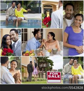 A happy African American man and woman couple lifestyle montage swimming pool, buying a house, eating breakfast, valentines day flowers romantic moments and vacations outside