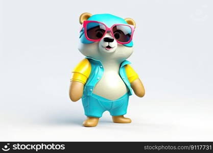 A happy and cool 3D character of a bear with full body, wearing clothes and sunglasses, on a background by enerative AI