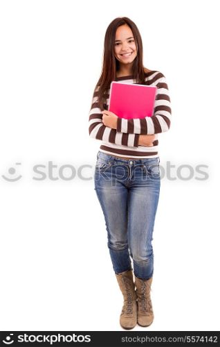 A happy asian student, isolated over a white background