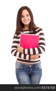 A happy asian student, isolated over a white background