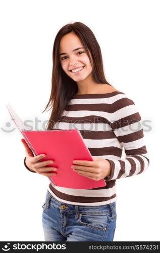 A happy asian student, isolated over a white background