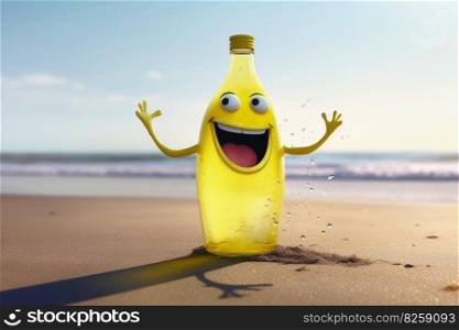 A happy bottle of lemonade at the beach created with generative AI technology