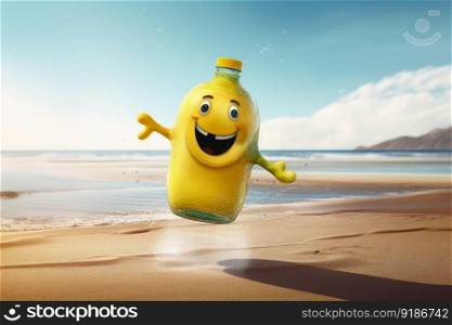 A happy bottle of lemonade at the beach created with generative AI technology