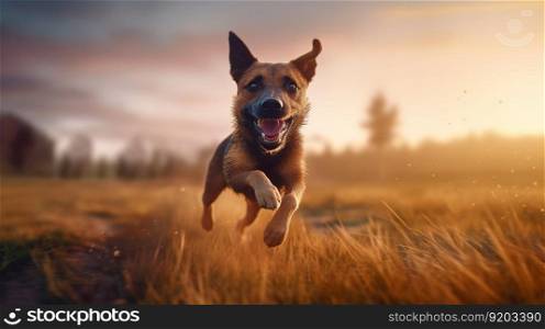 A Happy Dog Leaping with Delight across the Sunlit Field. Generative AI