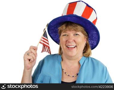 A happy, enthusiastic military wife waving an American Flag. Isolated on white.