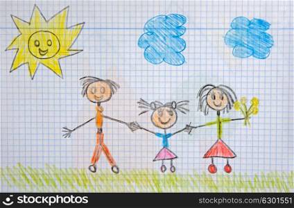 A happy family. Children&rsquo;s drawing.