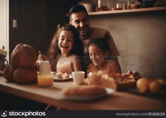 A happy family meeting in the kitchen for breakfast created with generative AI technology