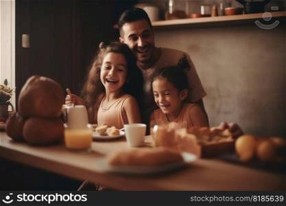 A happy family meeting in the kitchen for breakfast created with generative AI technology