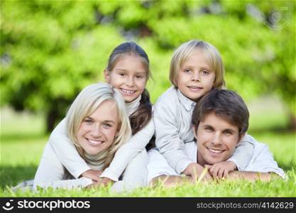 A happy family with children outdoors
