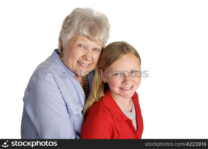 A happy grandmother and granddaughter together. Isolated on white.