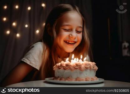 A happy laughing child with a birthday cake created with generative AI technology