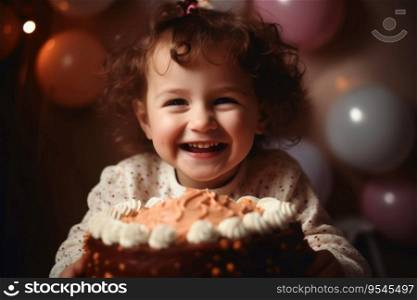 A happy laughing child with a birthday cake created with generative AI technology