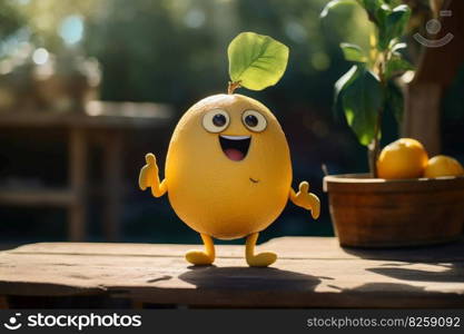 A happy lemon with eyes arms and legs standing in the sun created with generative AI technology