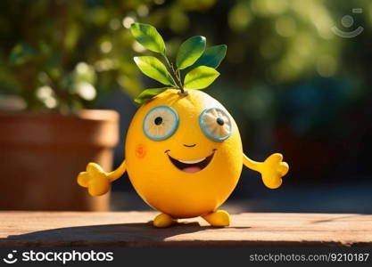 A happy lemon with eyes arms and legs standing in the sun created with generative AI technology