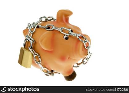 a happy piggy backed with chain and lock. safety in saving.