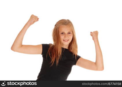 A happy pretty blond girl in a black sweater lifting up her arms and smiling,isolated for white background.