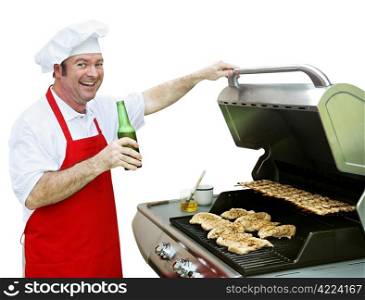 A happy smiling cook making dinner on his barbecue grill. Isolated on white.
