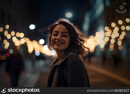 A happy woman runs around dancing at night in a modern city created with generative AI technology