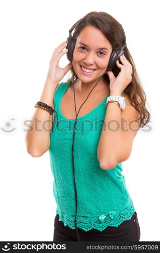 A Happy young woman listening to music