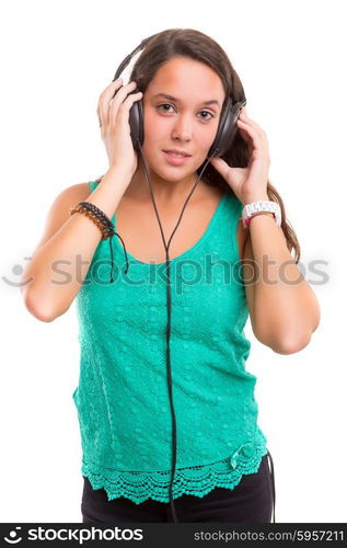 A Happy young woman listening to music