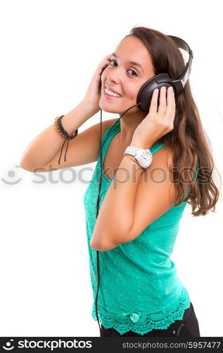 A Happy young woman listening to music