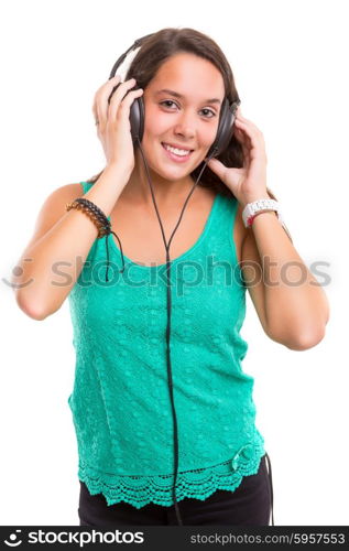 A Happy young woman listening to music