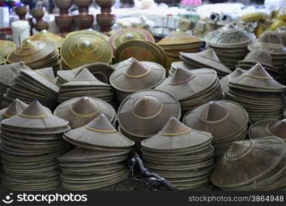 a hat market in the market the city of Mae Hong Son in the north provinz of Mae Hong Son in the north of Thailand in Southeastasia.. ASIA THAILAND MAE HONG SON