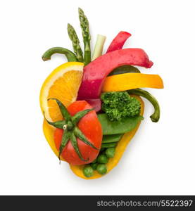 A healthy human heart made of fruits and vegetables as a food concept of smart eating.