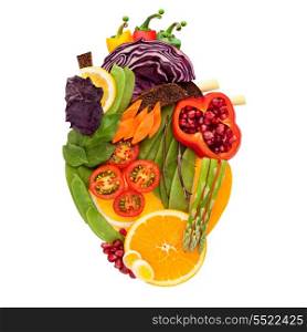 A healthy human heart made of fruits and vegetables as a food concept of smart eating.