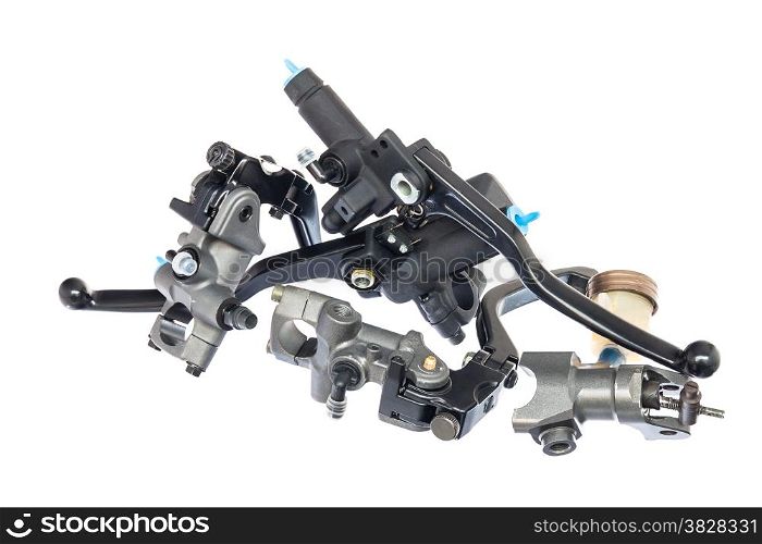 A heap of black motorcycle lever isolated on white
